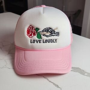 VINTAGE STYLE PINK & WHITE LOVE LOUDLY TRUCKER HAT SNAPBACK